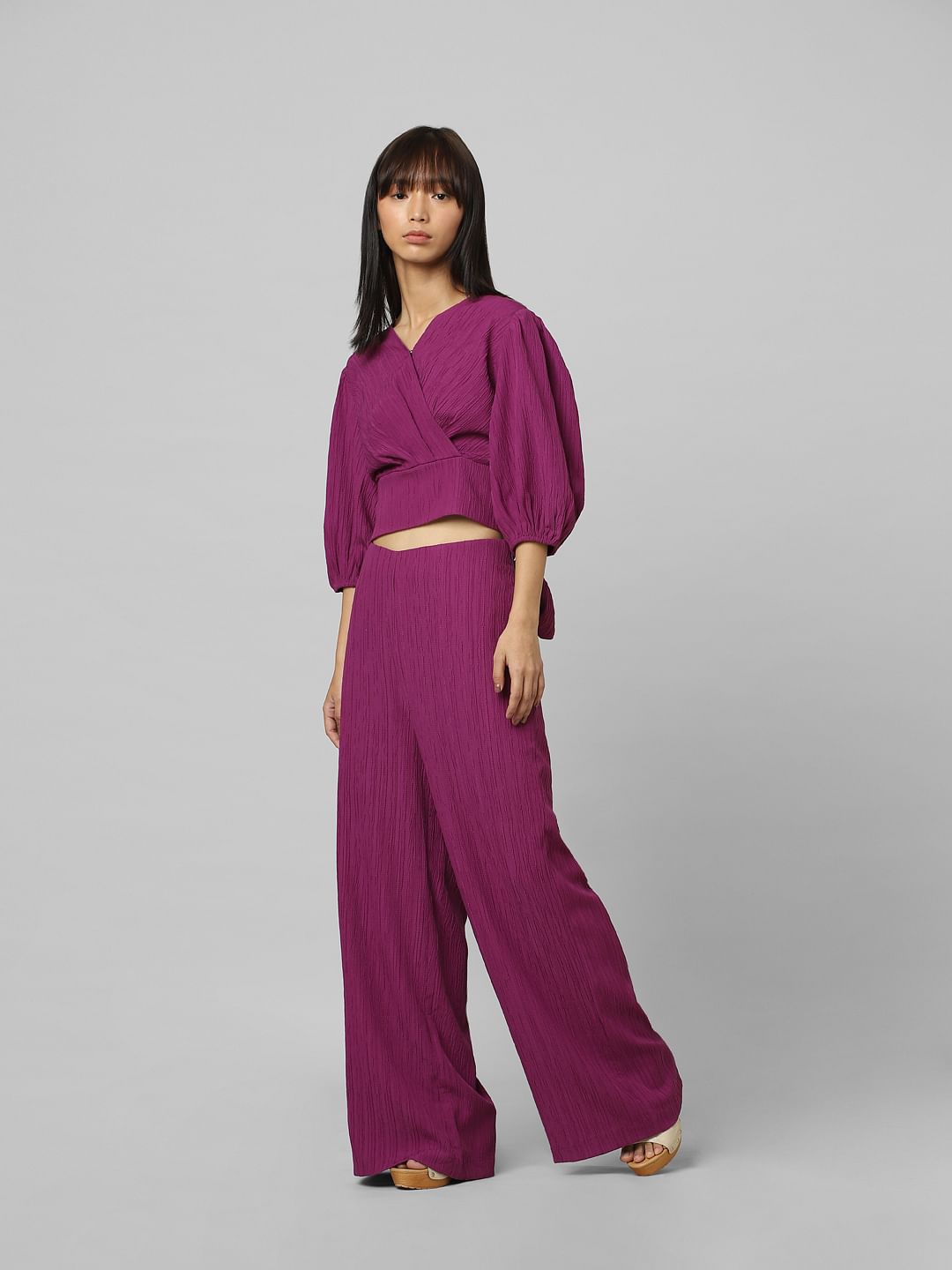 Purple Balloon-Sleeved Wrapover Top