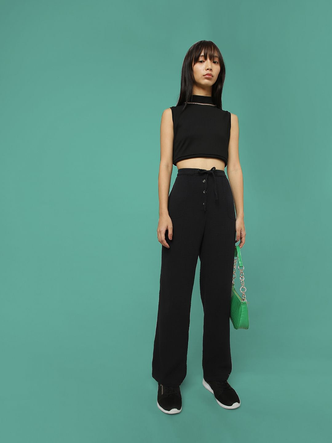 Black High Rise Textured Cotton Pants