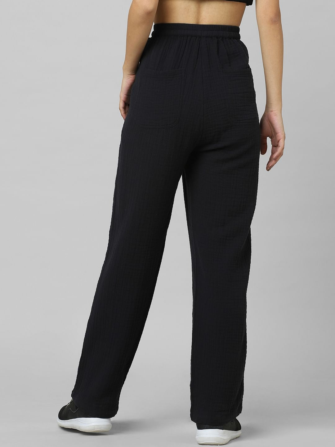 Black High Rise Textured Cotton Pants