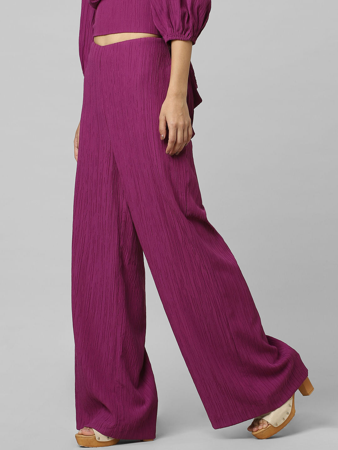 Purple High Rise Textured Wide Leg Pants