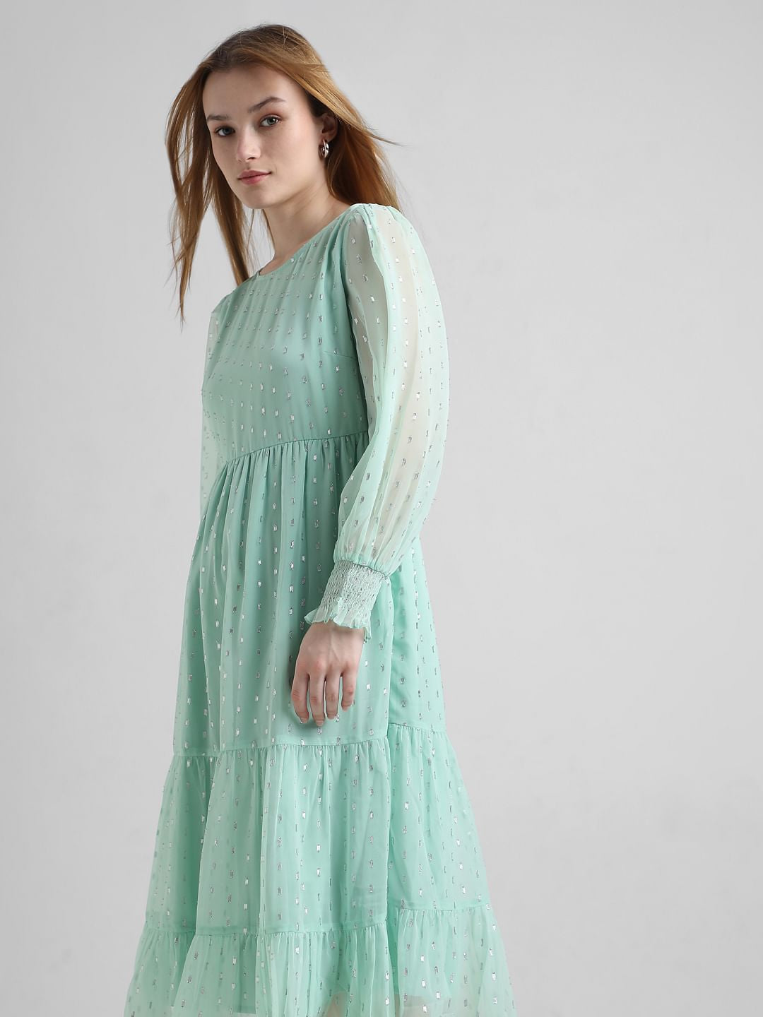 Green Shimmer Tiered Midi Dress