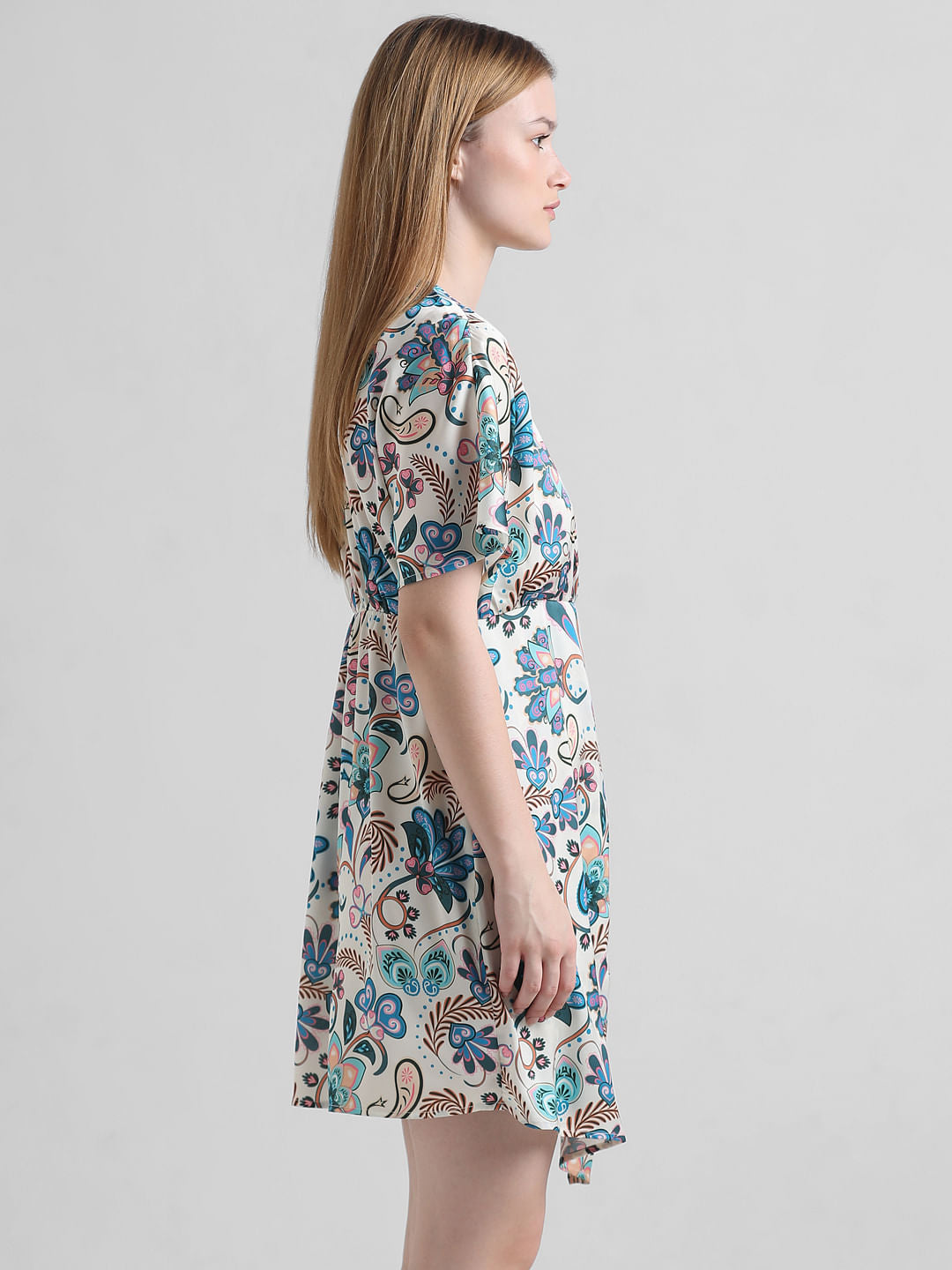 Beige Floral Wrap Over Satin Dress