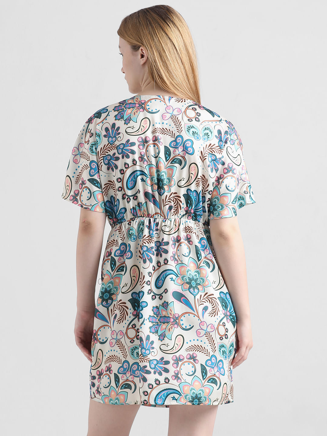 Beige Floral Wrap Over Satin Dress