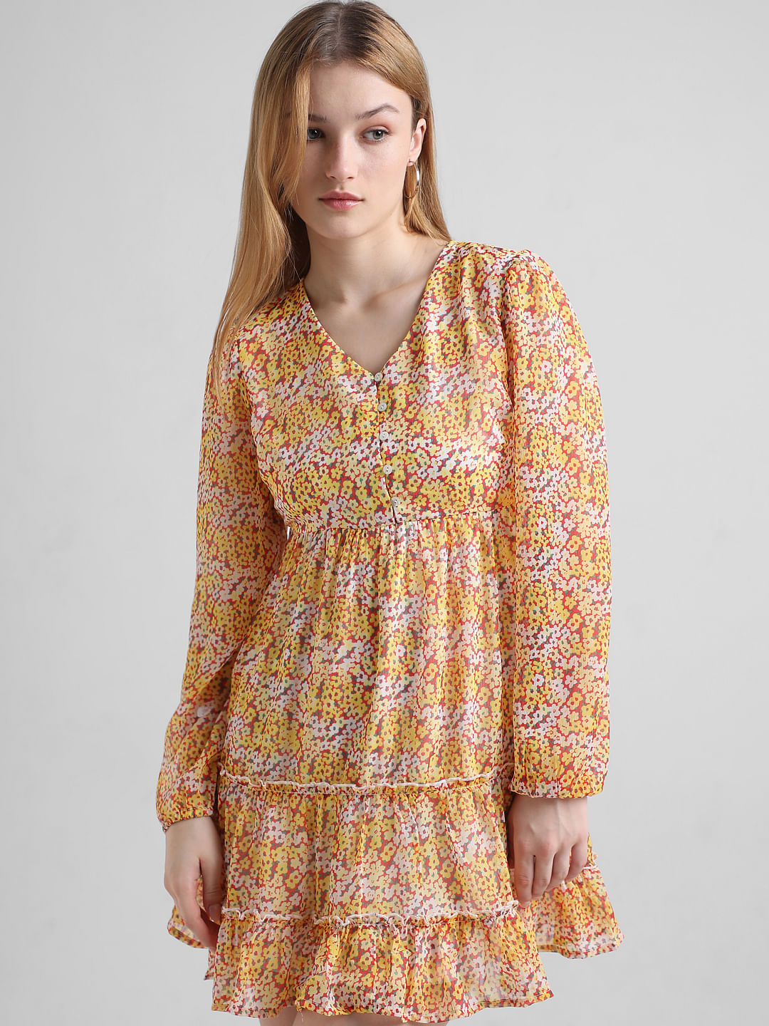 Yellow Floral Chiffon Mini Dress