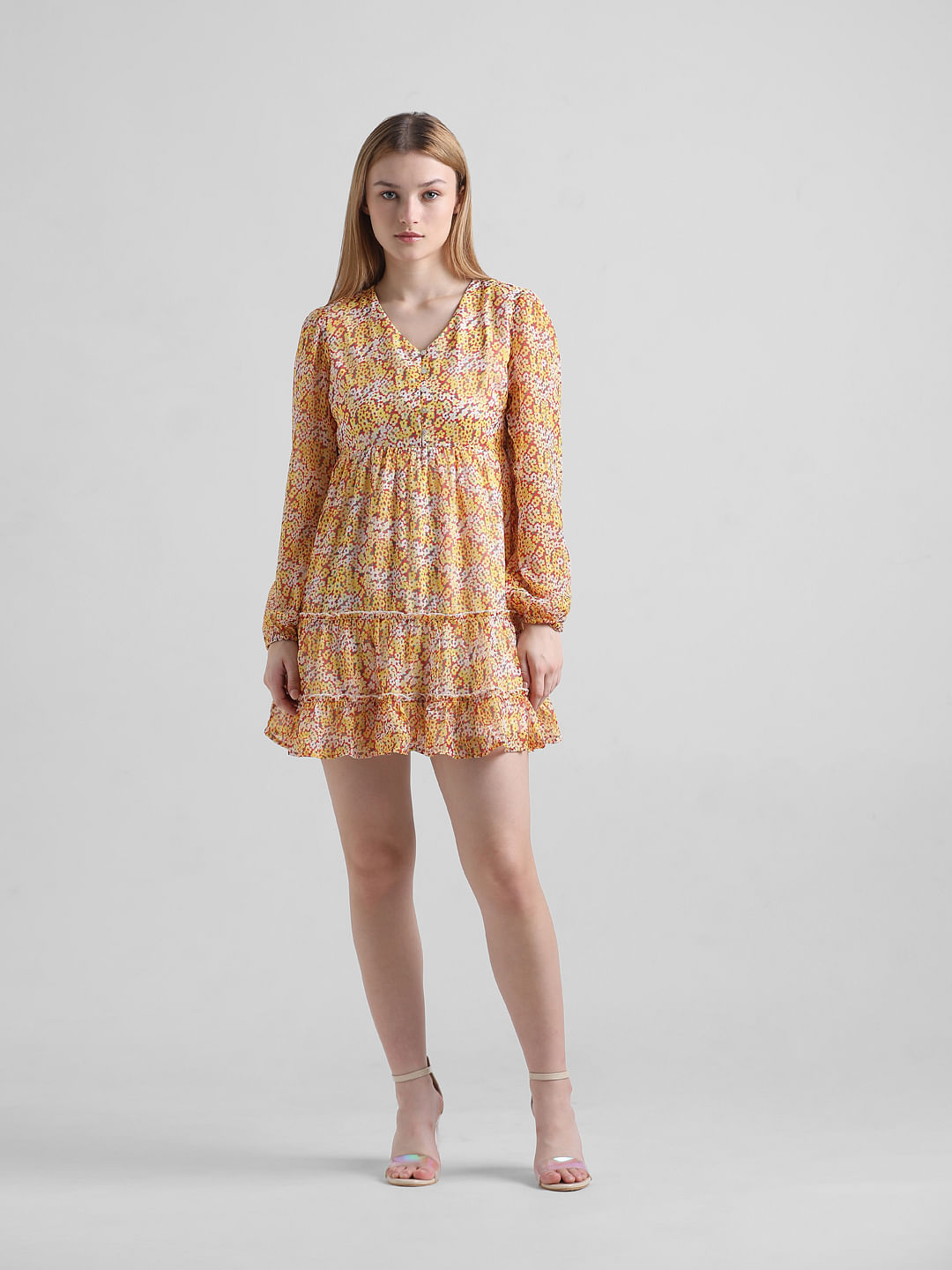 Yellow Floral Chiffon Mini Dress