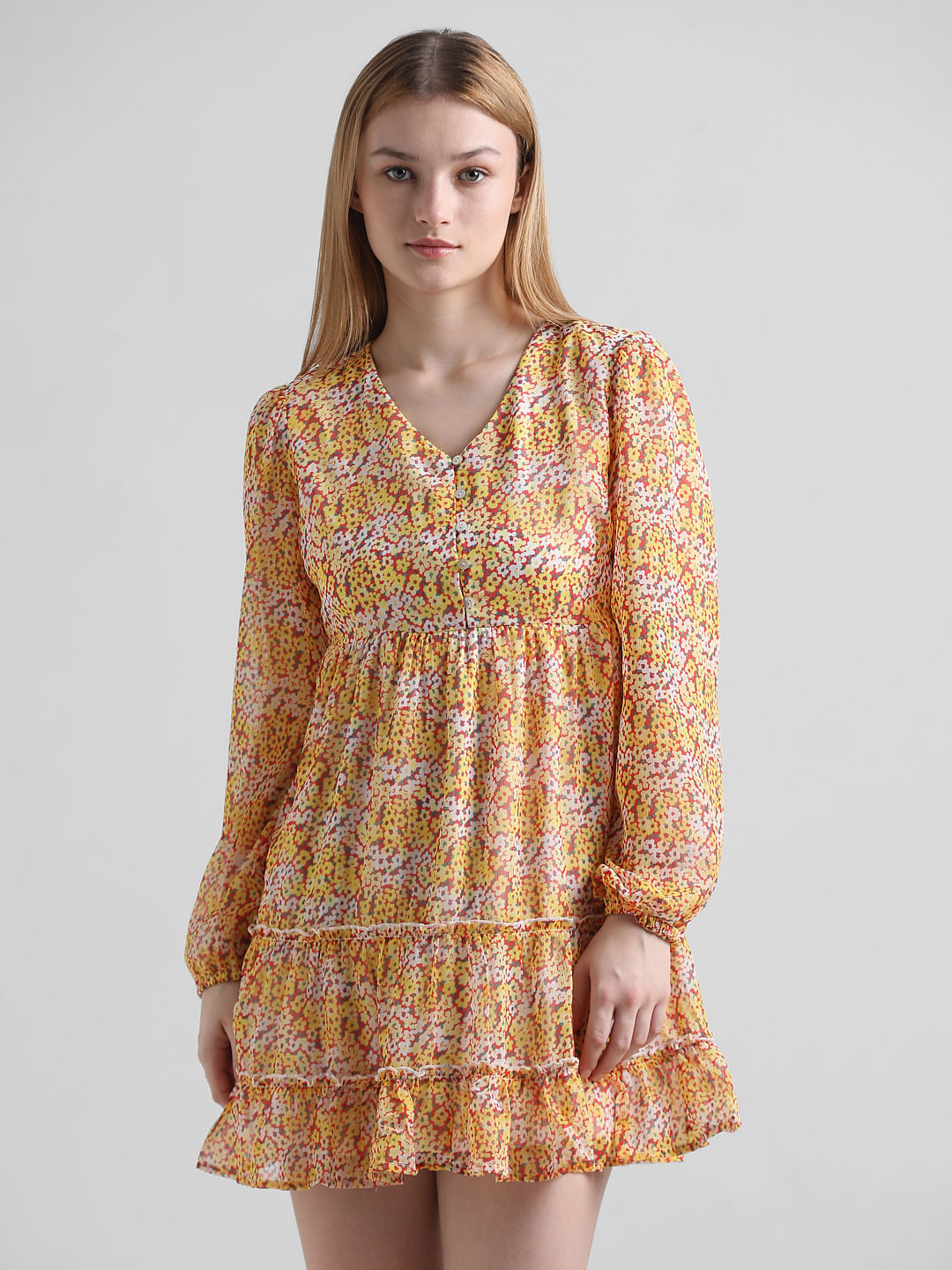 Yellow Floral Chiffon Mini Dress