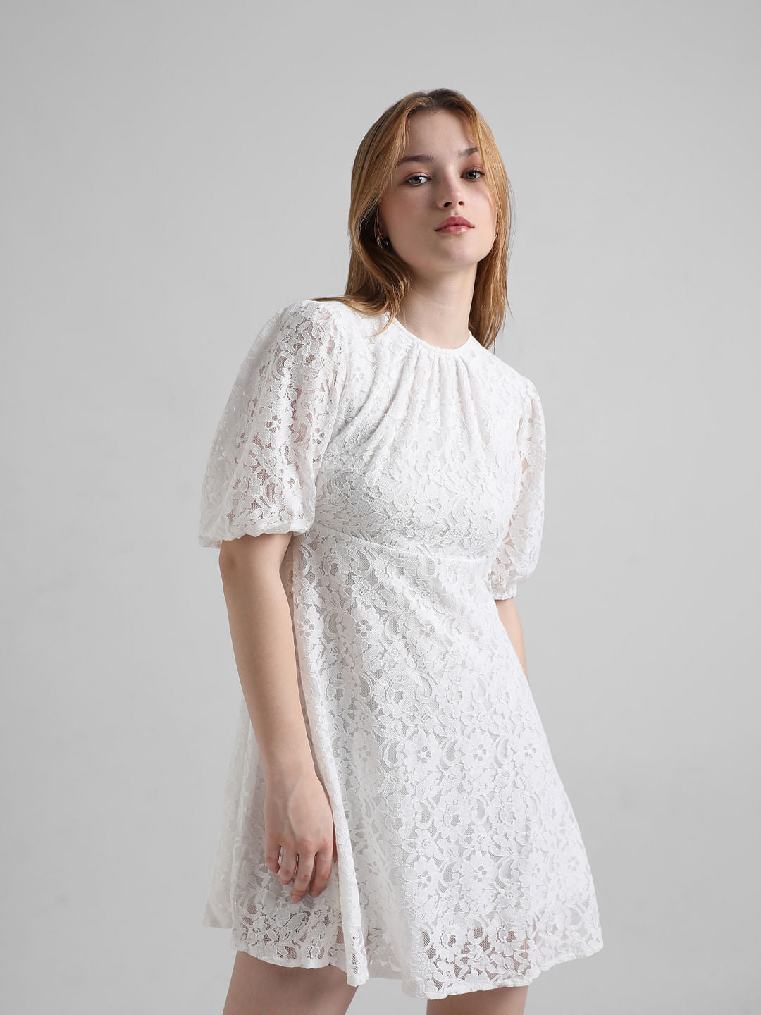 White Lace Puff Sleeves Dress