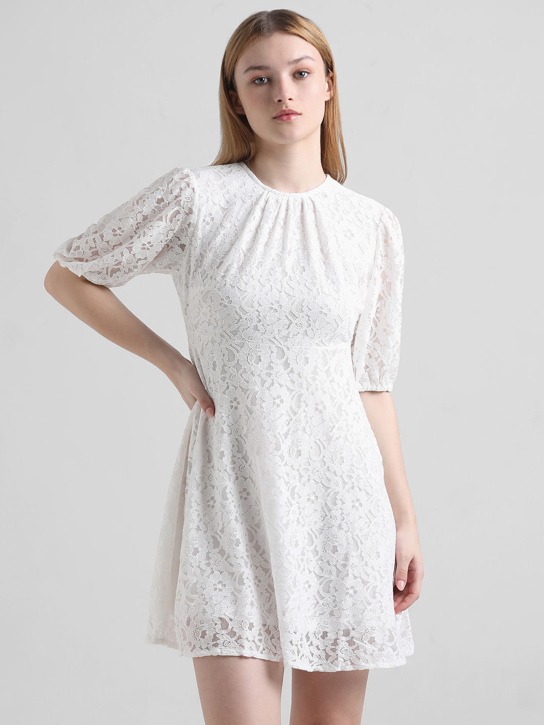 White Lace Puff Sleeves Dress
