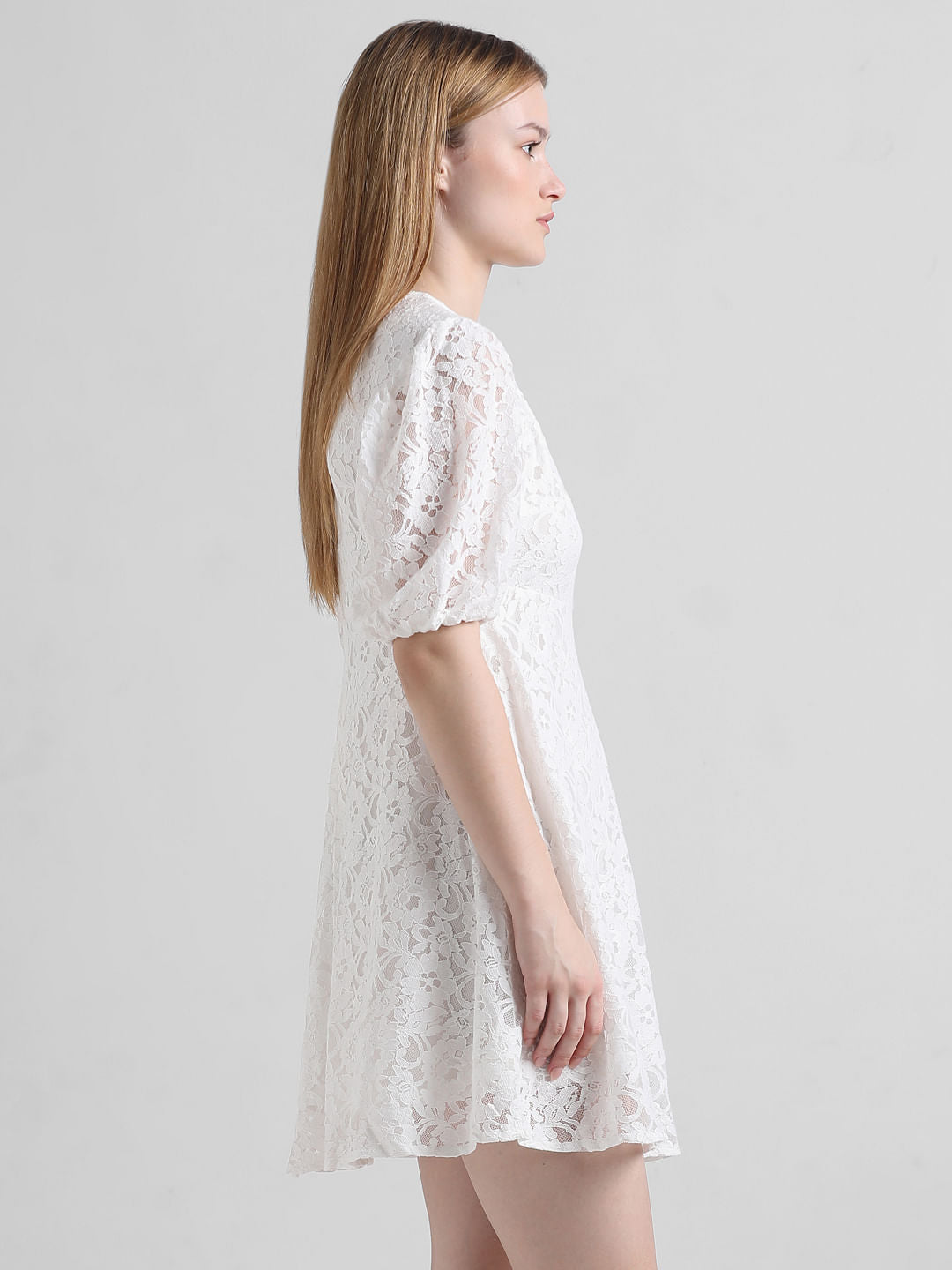 White Lace Puff Sleeves Dress