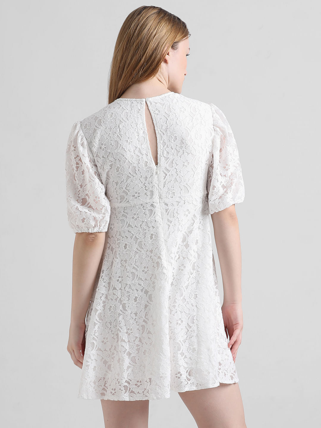 White Lace Puff Sleeves Dress