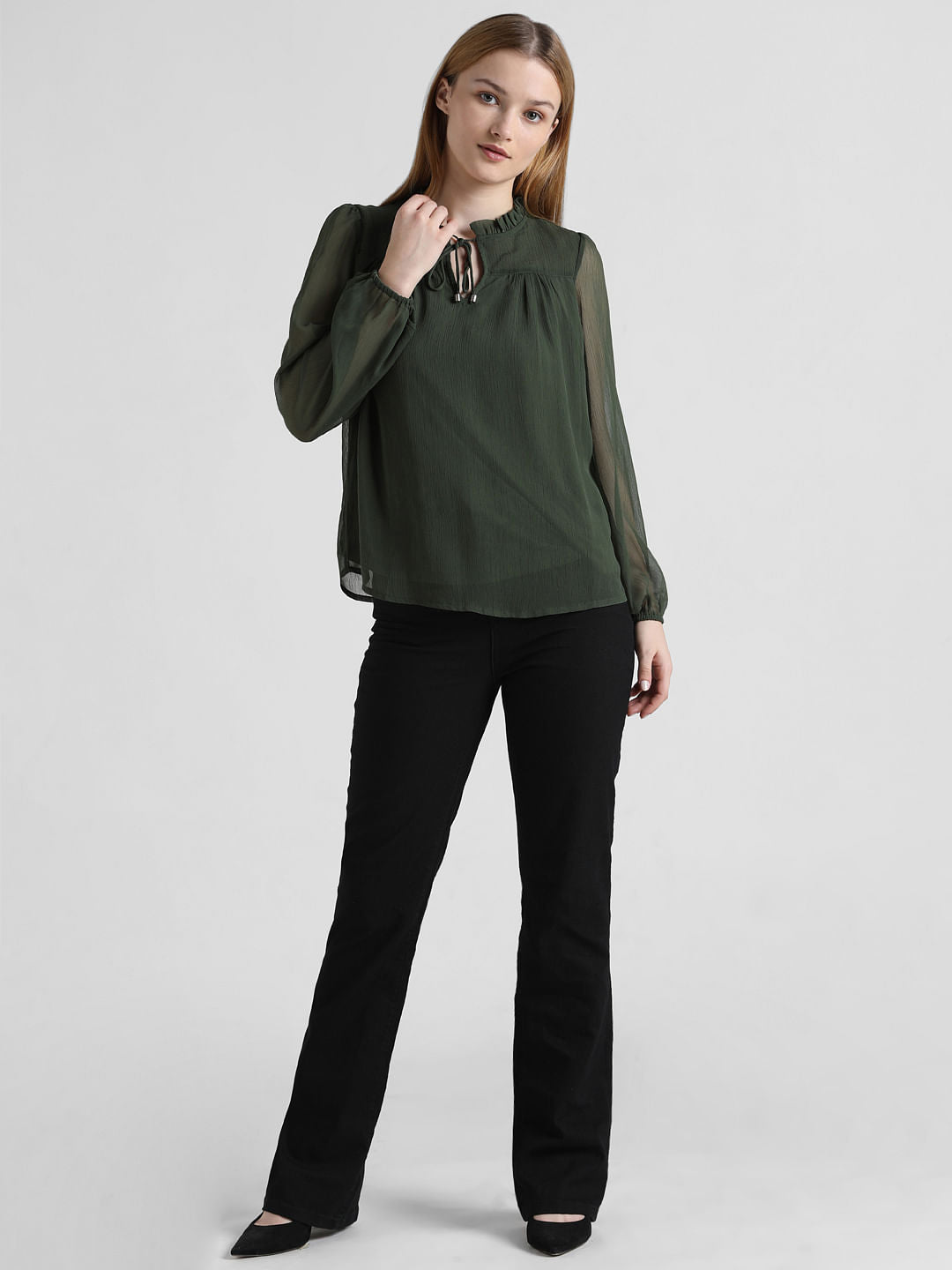 Dark Green Chiffon Tie-Up Top