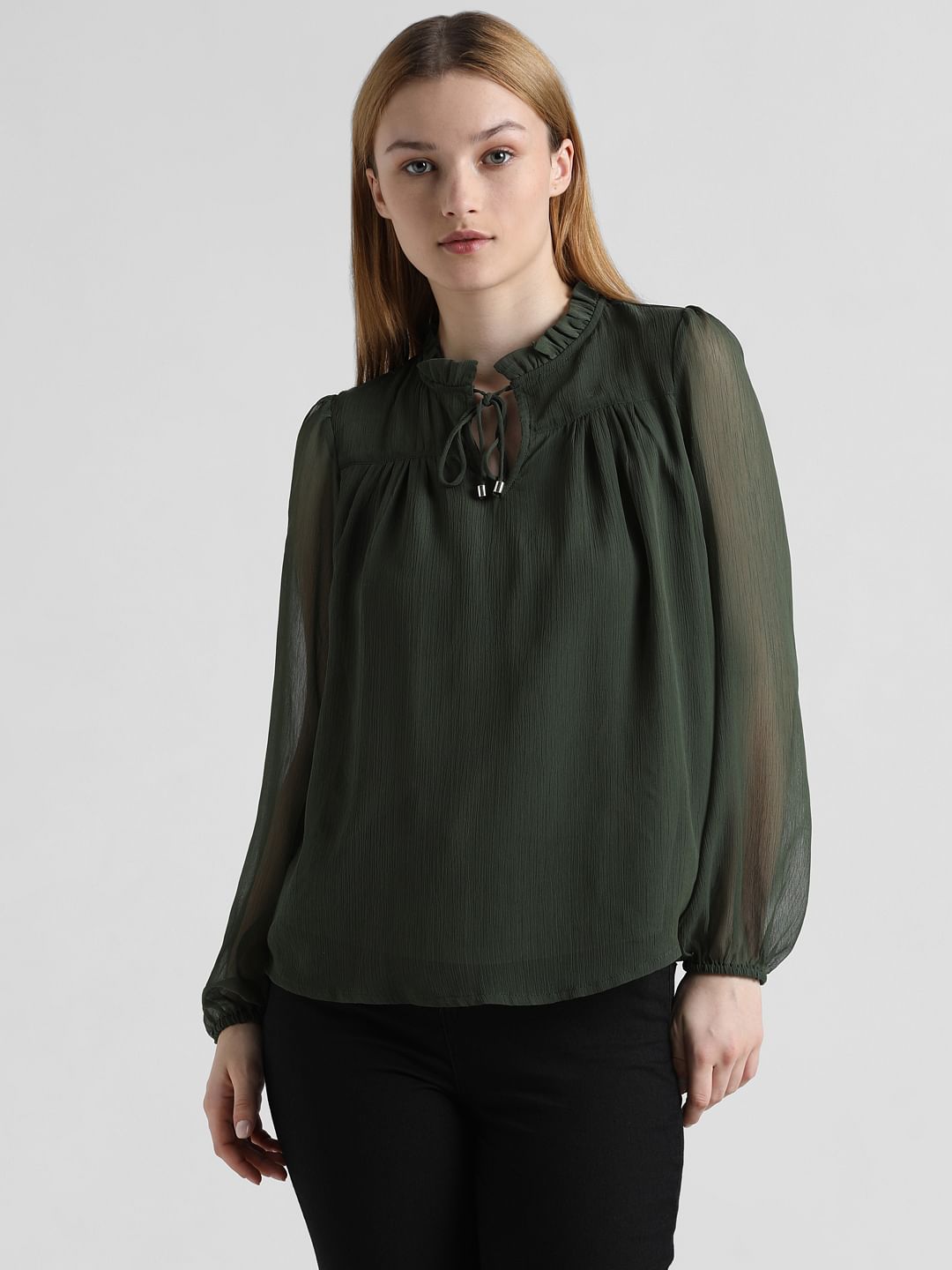Dark Green Chiffon Tie-Up Top