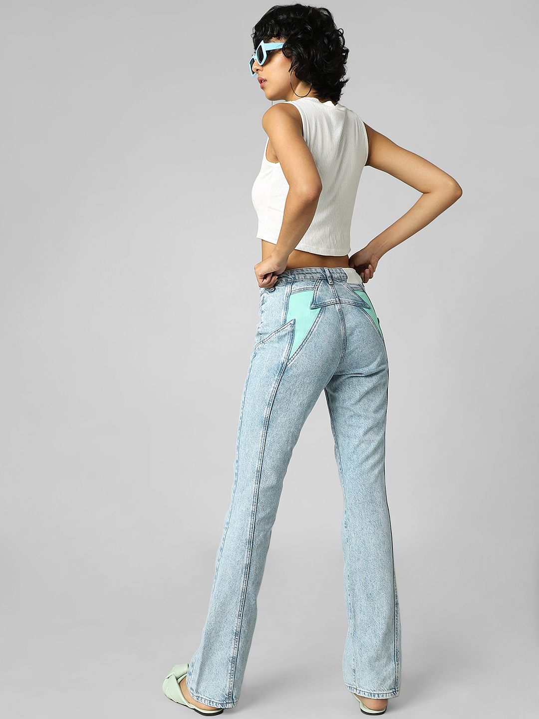 Blue High Rise Lightning Patch Flared Jeans