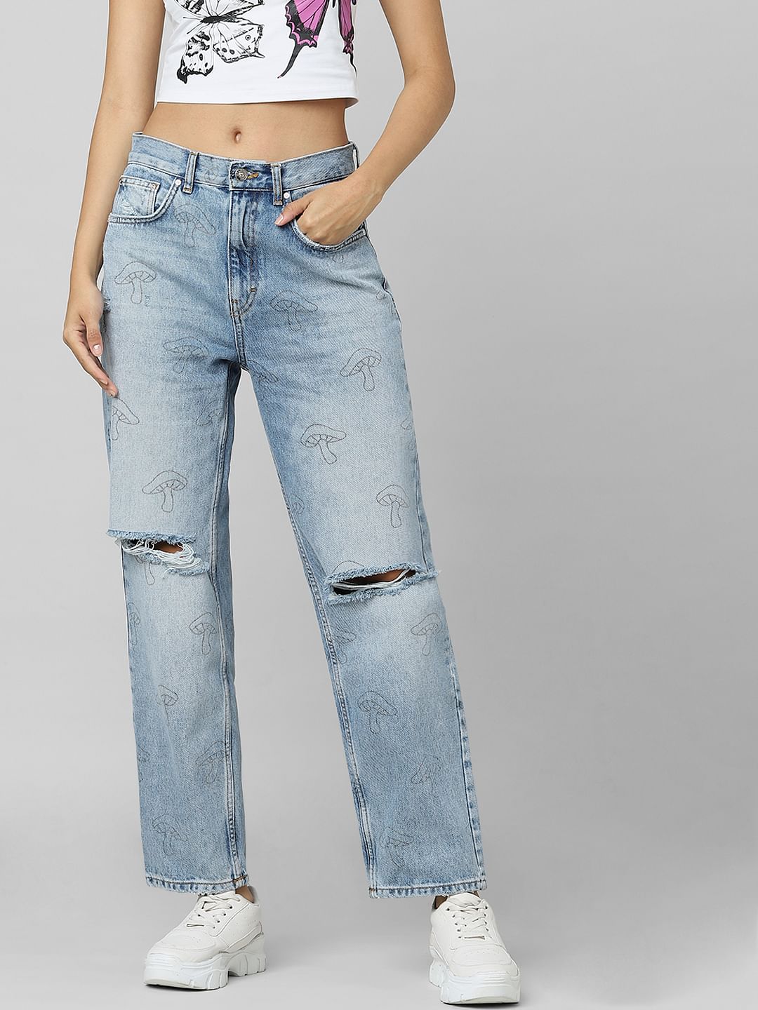 Blue High Rise Printed Straight Fit Jeans