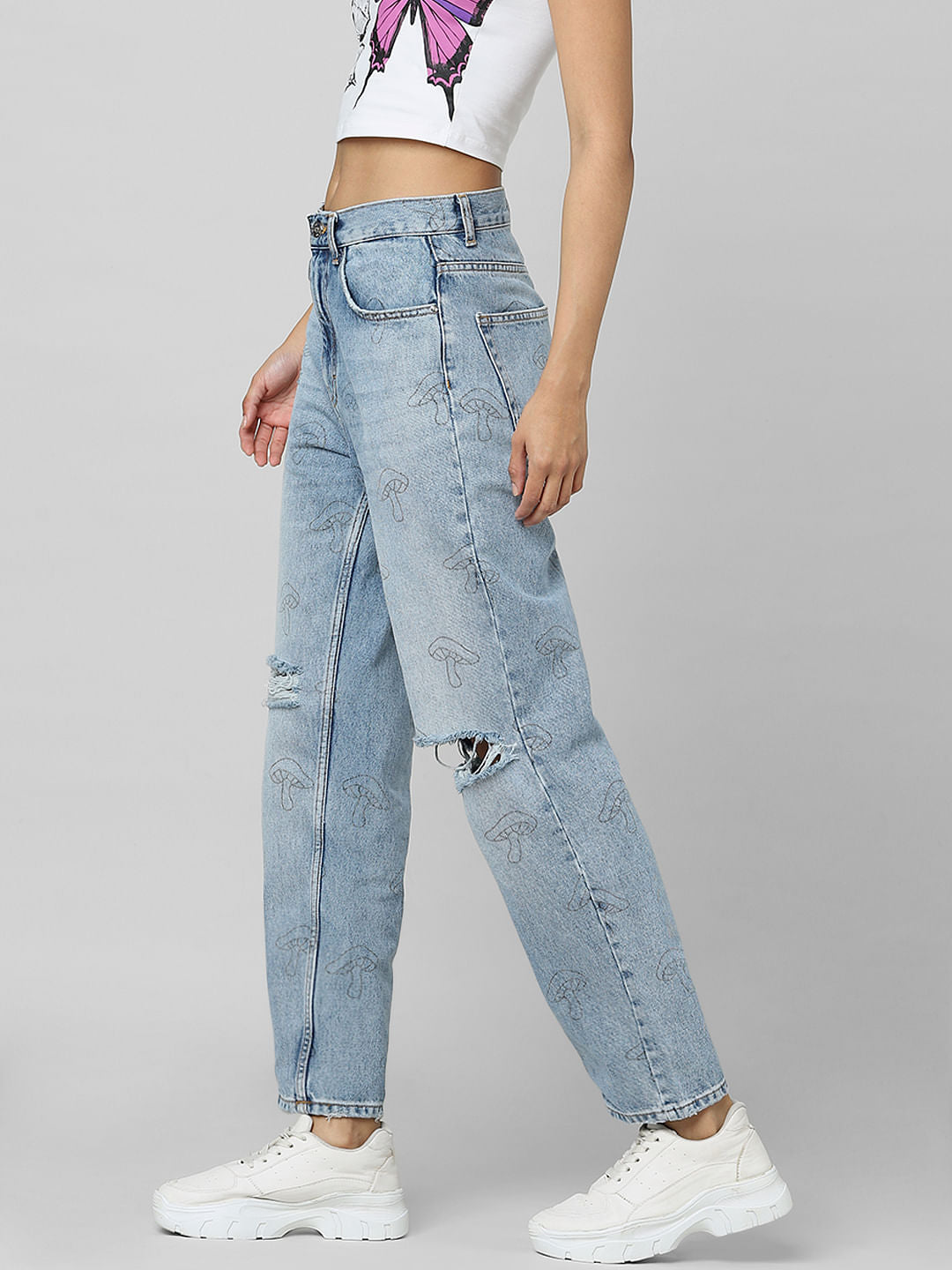 Blue High Rise Printed Straight Fit Jeans