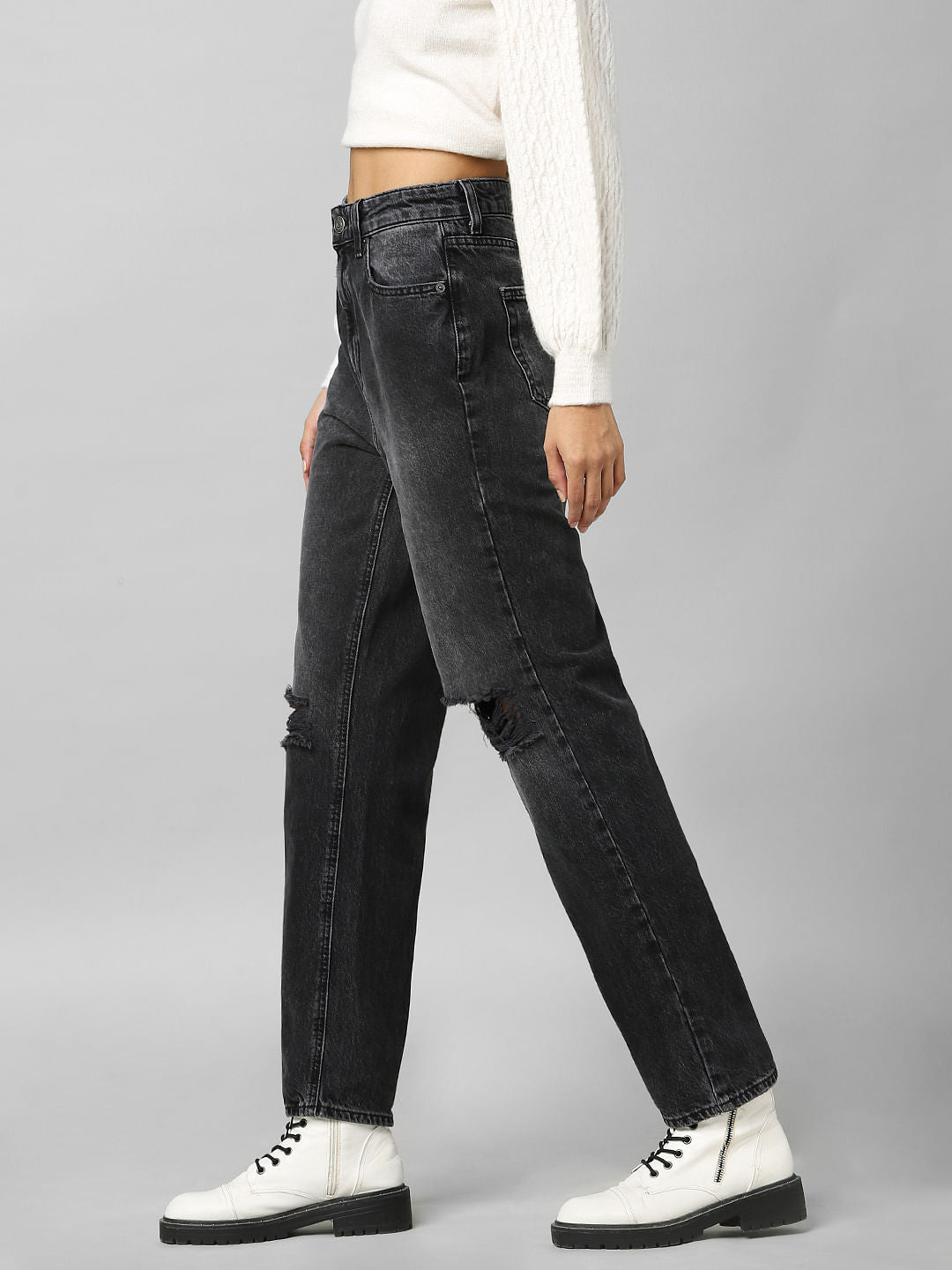 Black High Rise Distressed Straight Fit Jeans