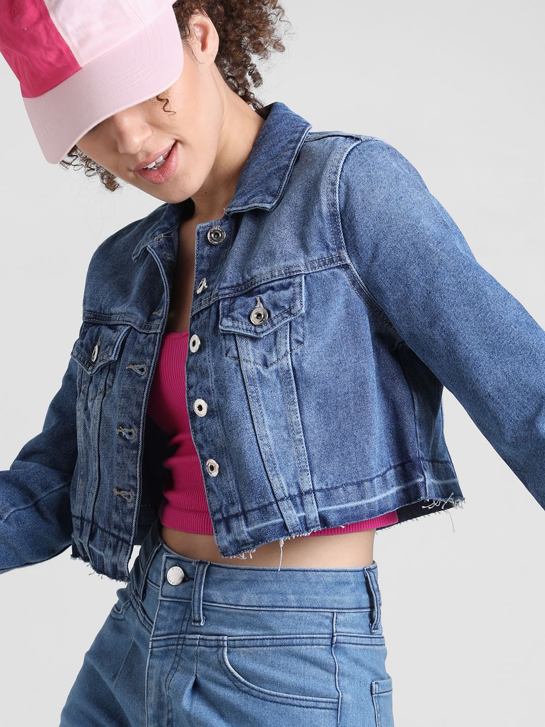 Blue Raw-Edge Cropped Denim Jacket