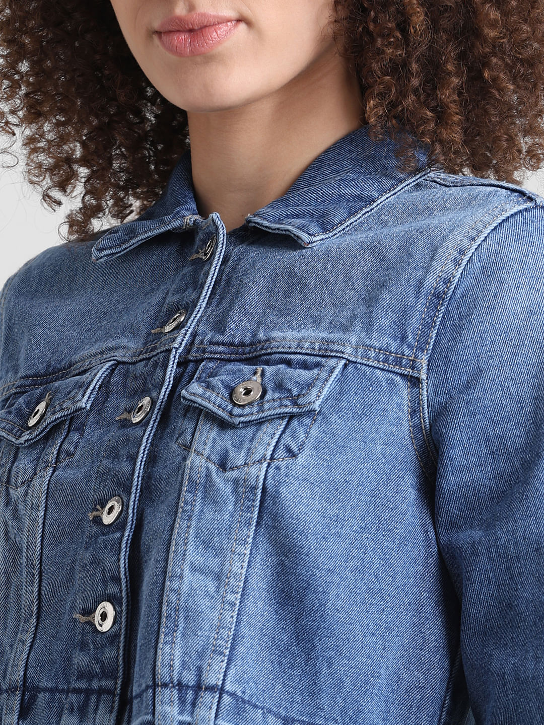 Blue Raw-Edge Cropped Denim Jacket