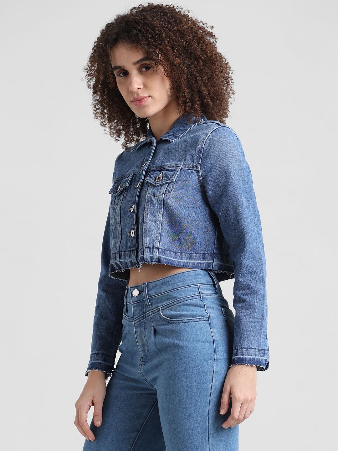 Blue Raw-Edge Cropped Denim Jacket