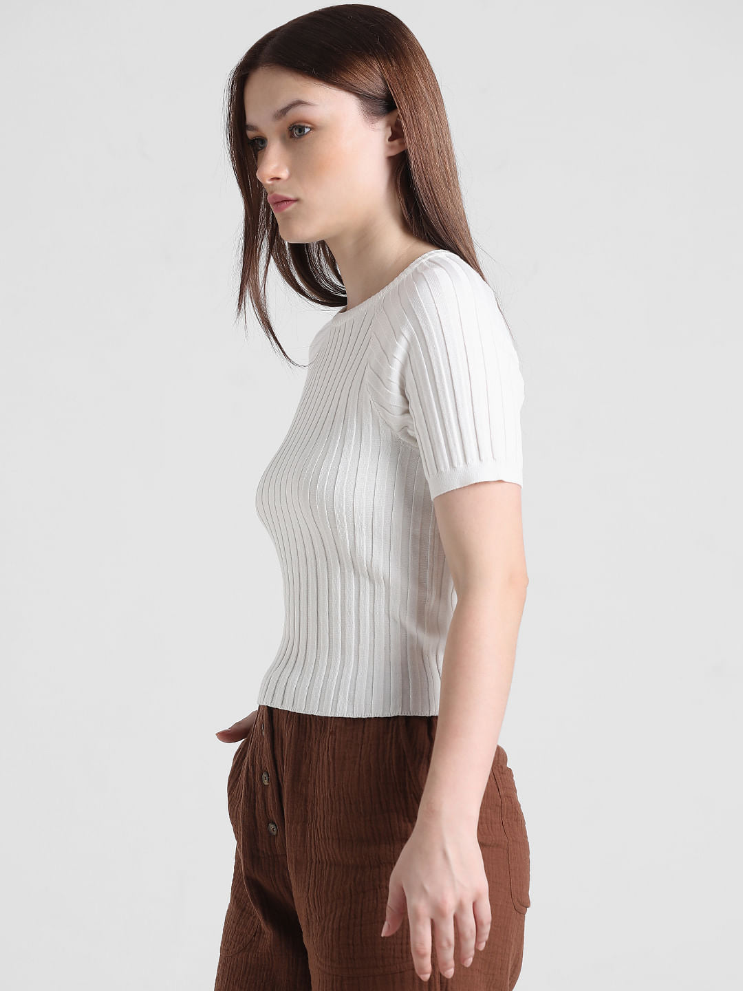 White Ribbed Fitted Pullover