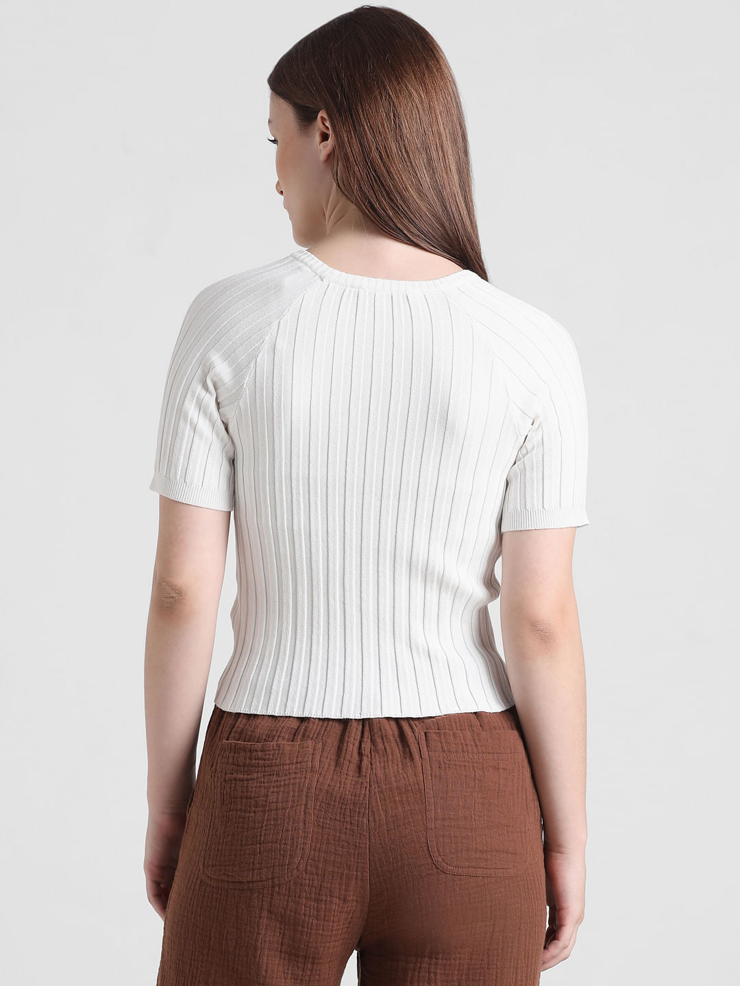 White Ribbed Fitted Pullover