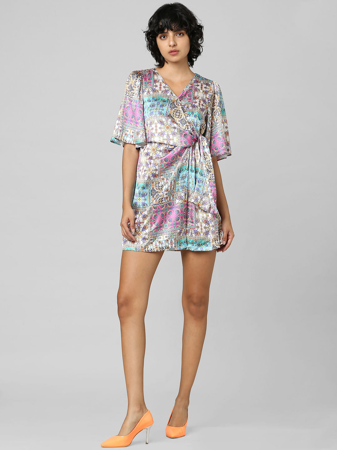 Multi-Colour Wrapover Satin Dress