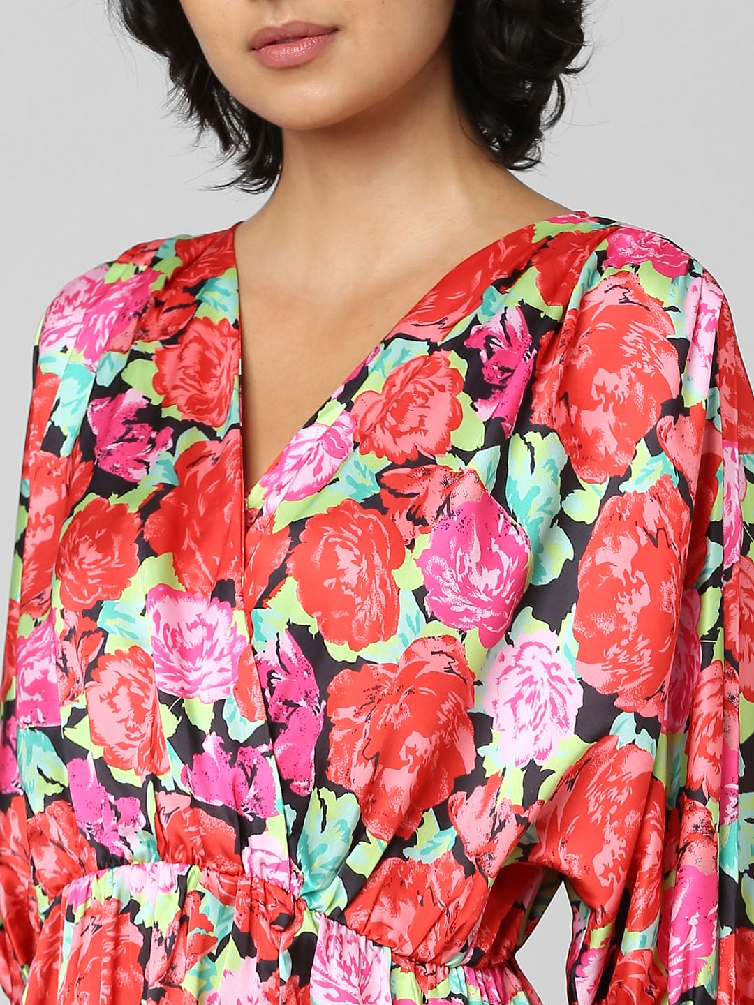 Red Floral Wrapover Satin Dress