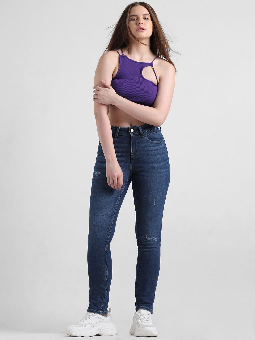 Dark Blue Mid Rise Distressed Skinny Jeans