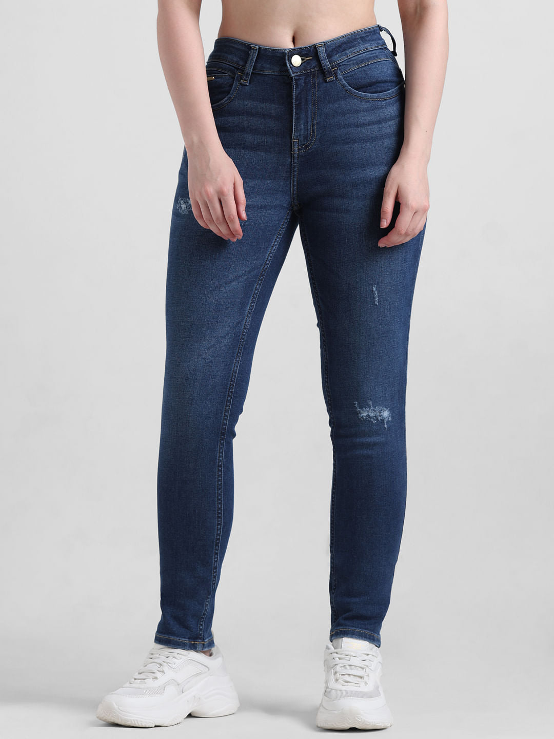 Dark Blue Mid Rise Distressed Skinny Jeans