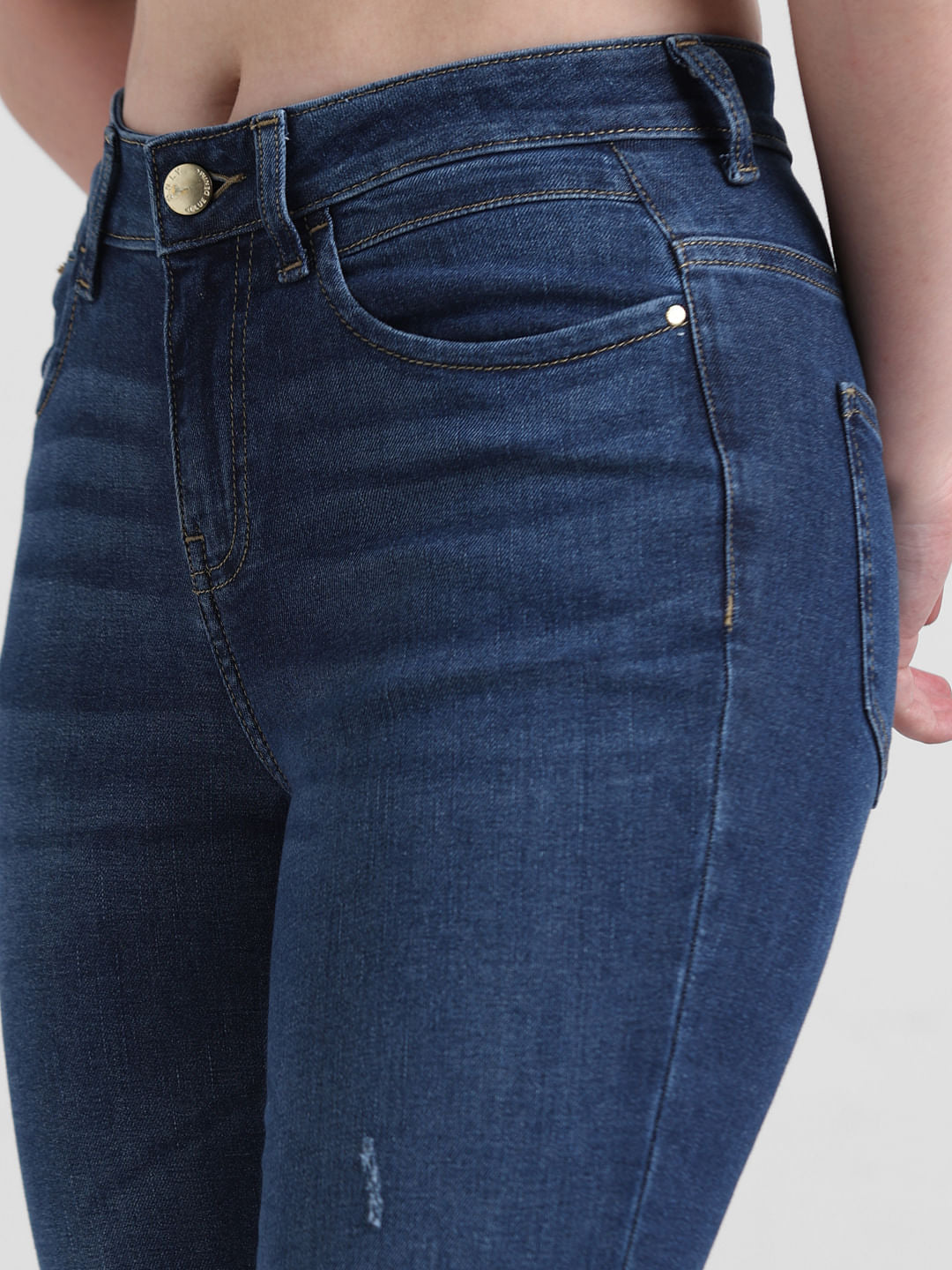 Dark Blue Mid Rise Distressed Skinny Jeans