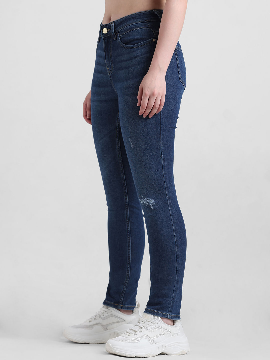 Dark Blue Mid Rise Distressed Skinny Jeans