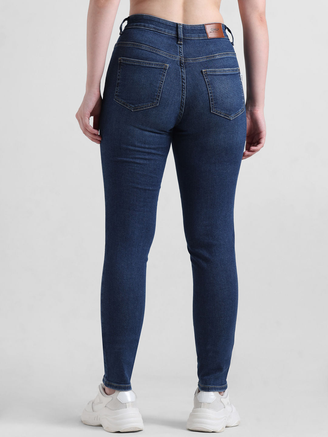 Dark Blue Mid Rise Distressed Skinny Jeans