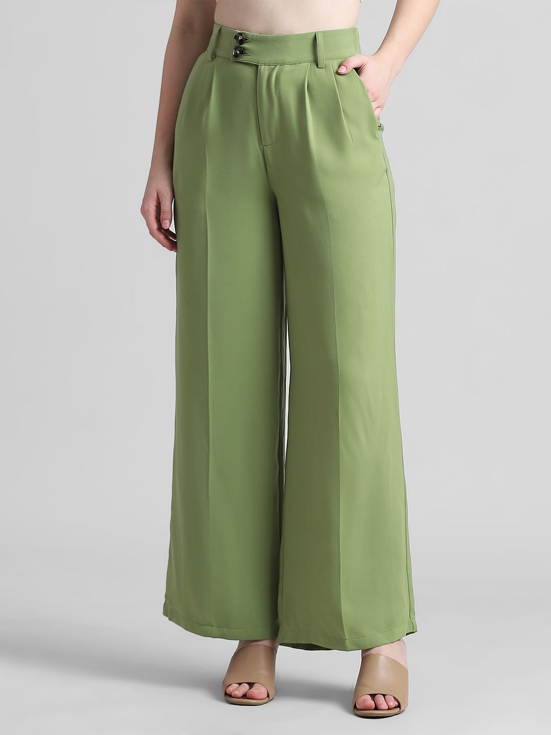 Green High Rise Wide Leg Pants