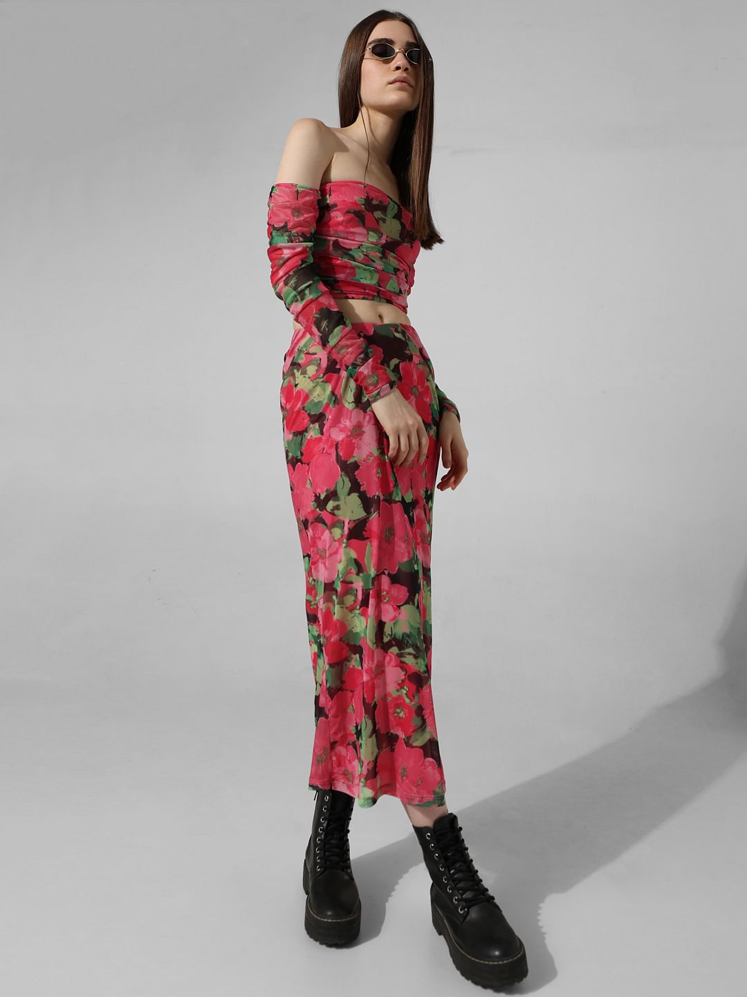 Pink Floral Long Mesh Co-Ord Set Skirt