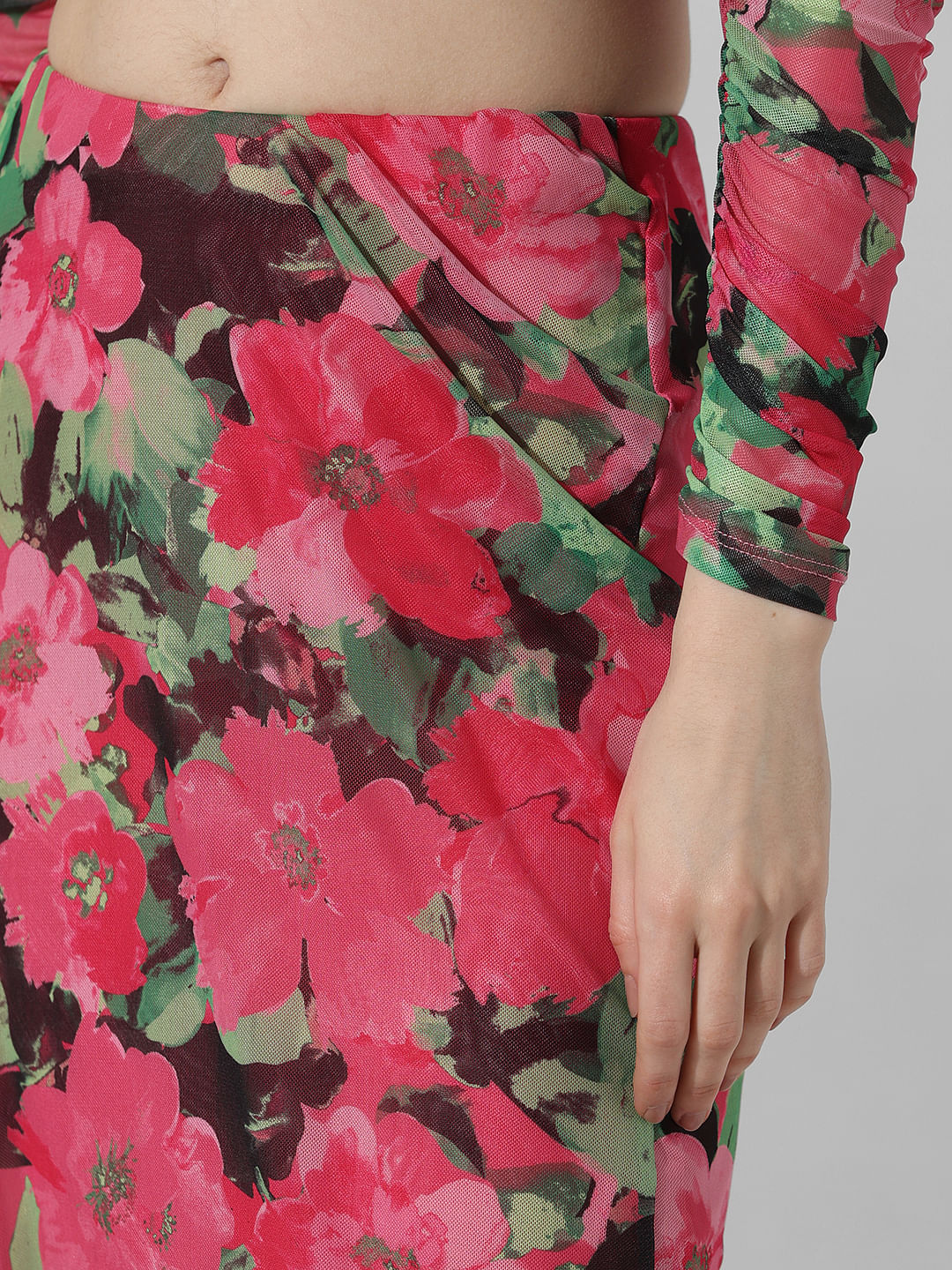 Pink Floral Long Mesh Co-Ord Set Skirt