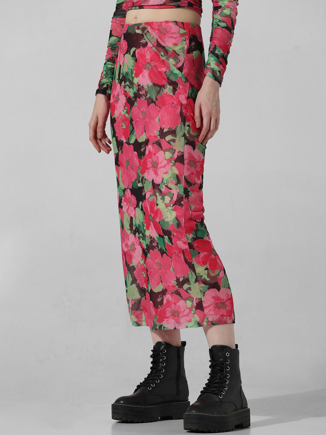 Pink Floral Long Mesh Co-Ord Set Skirt