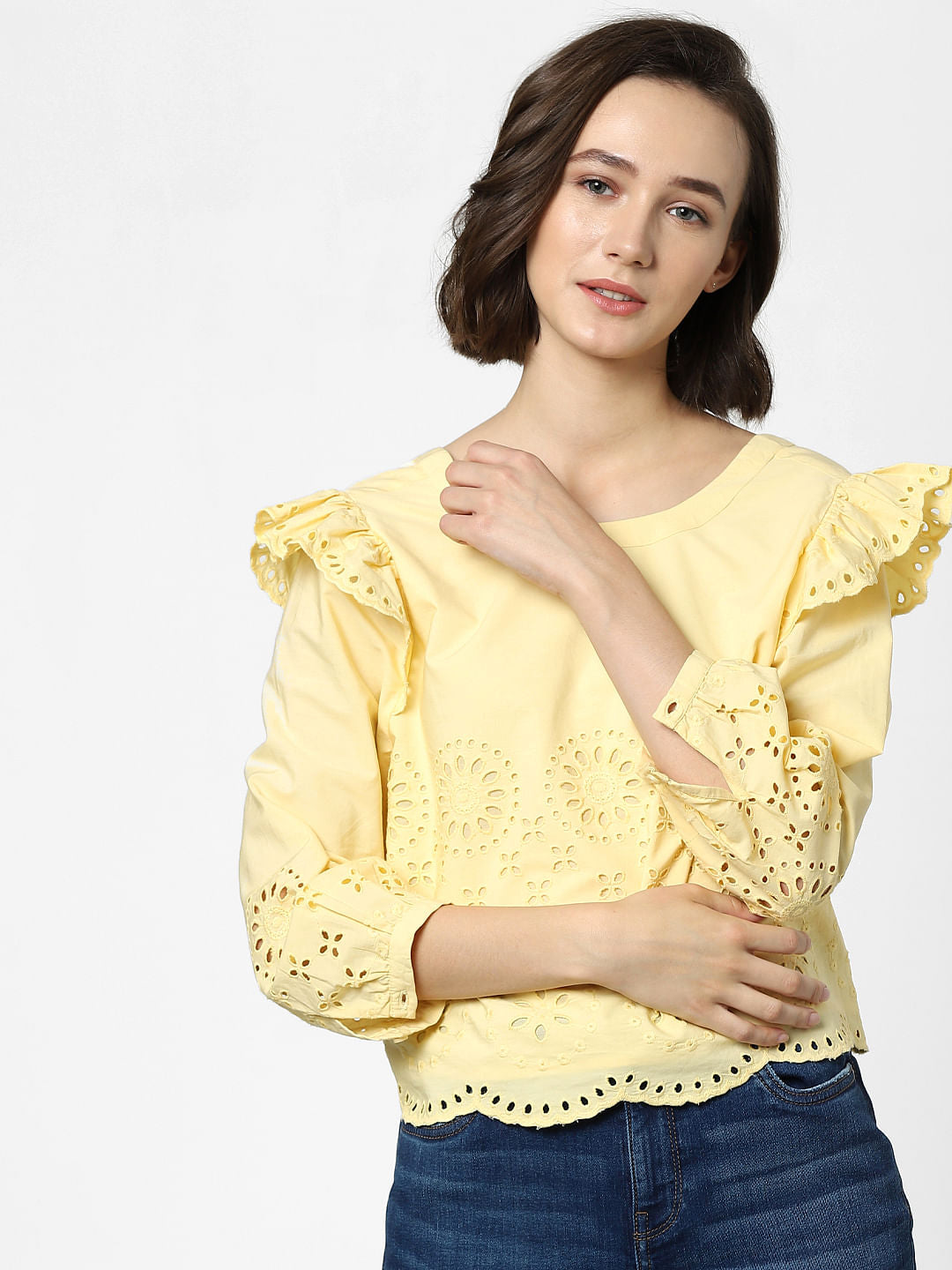 Yellow Schiffli Embroidered Top