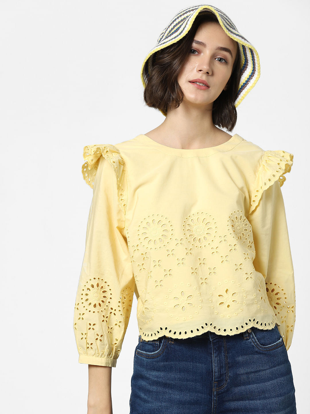 Yellow Schiffli Embroidered Top