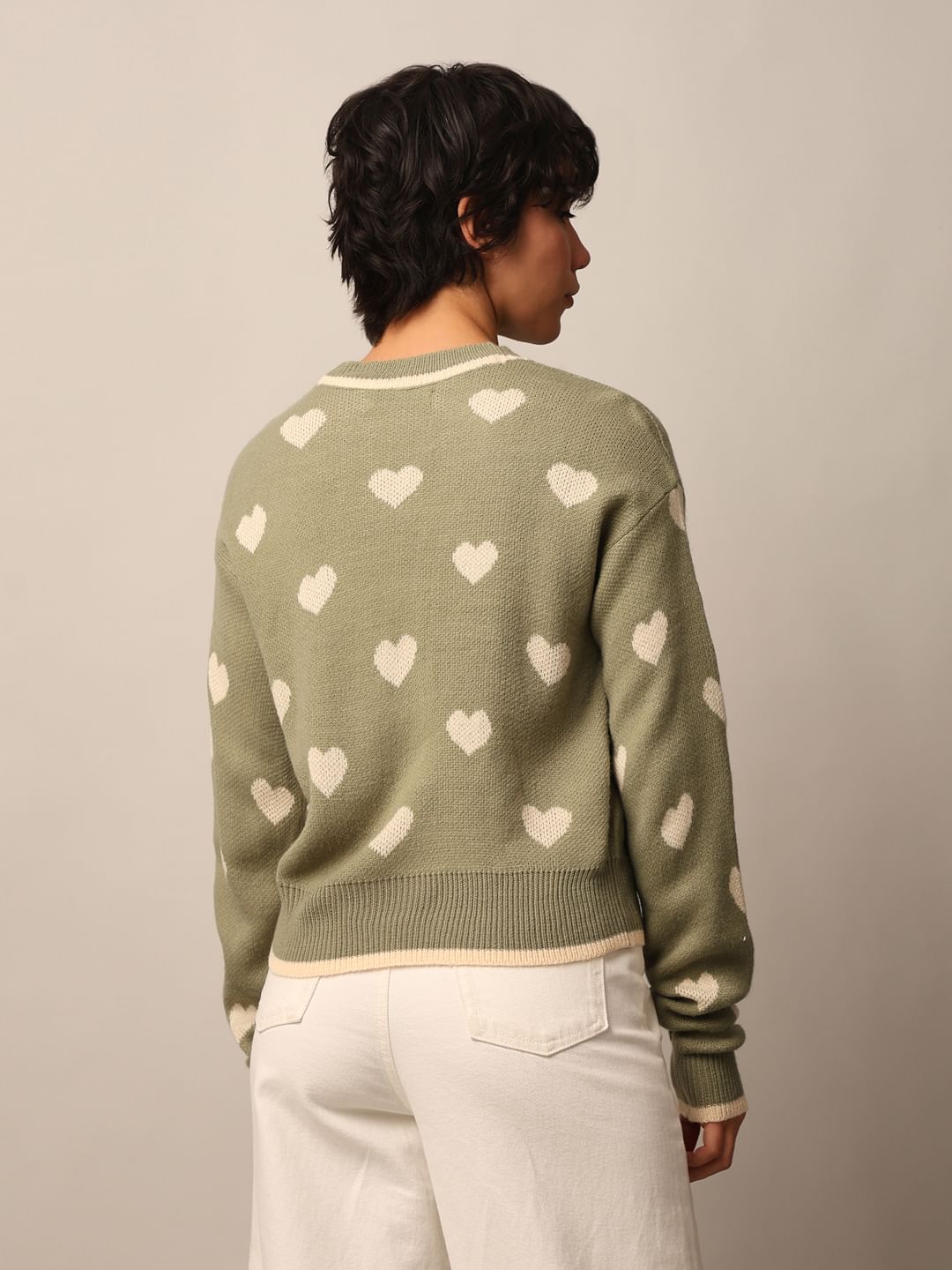 Green Printed Jacquard Knit Pullover