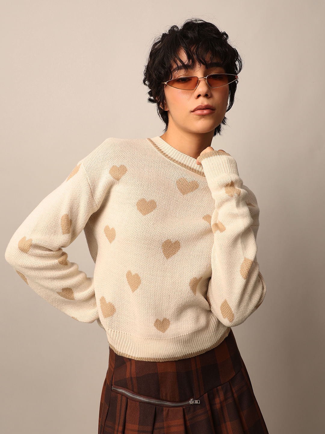 Beige Printed Jacquard Knit Pullover