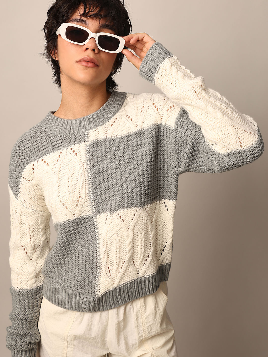 Grey Printed Structured Pullover