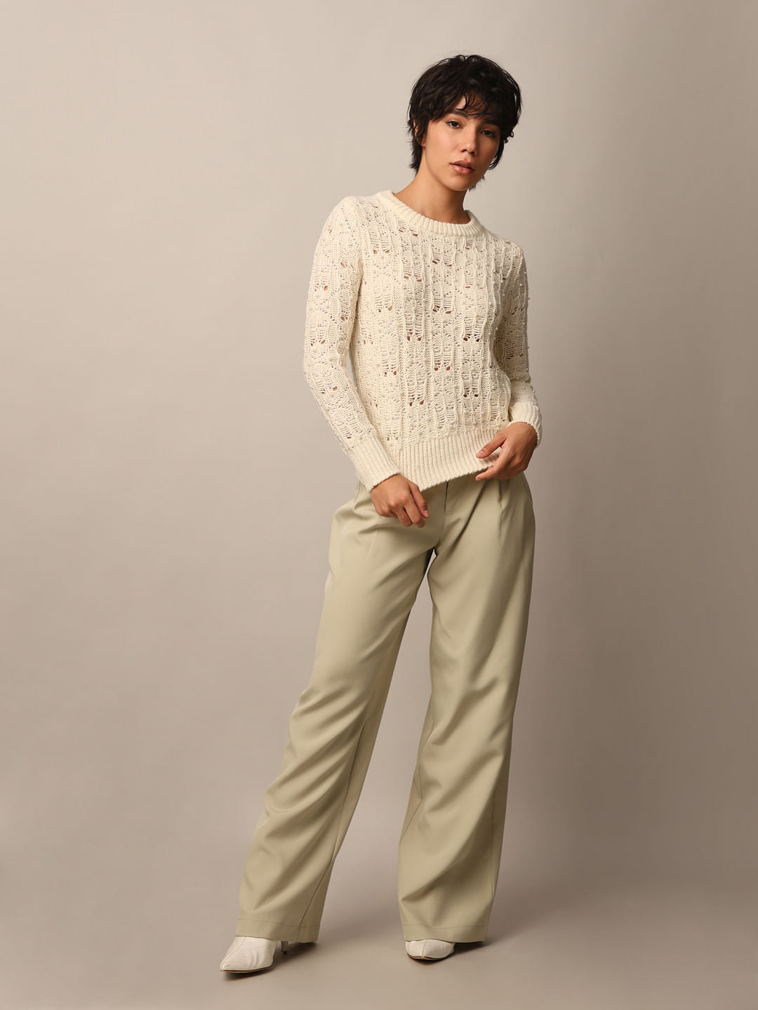 Beige Pearl Detail Pullover