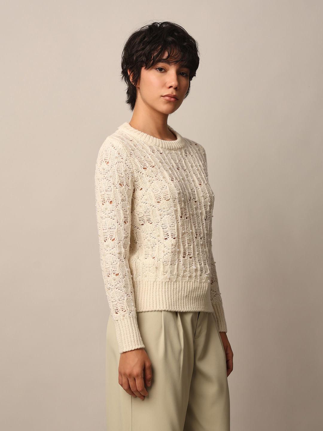 Beige Pearl Detail Pullover