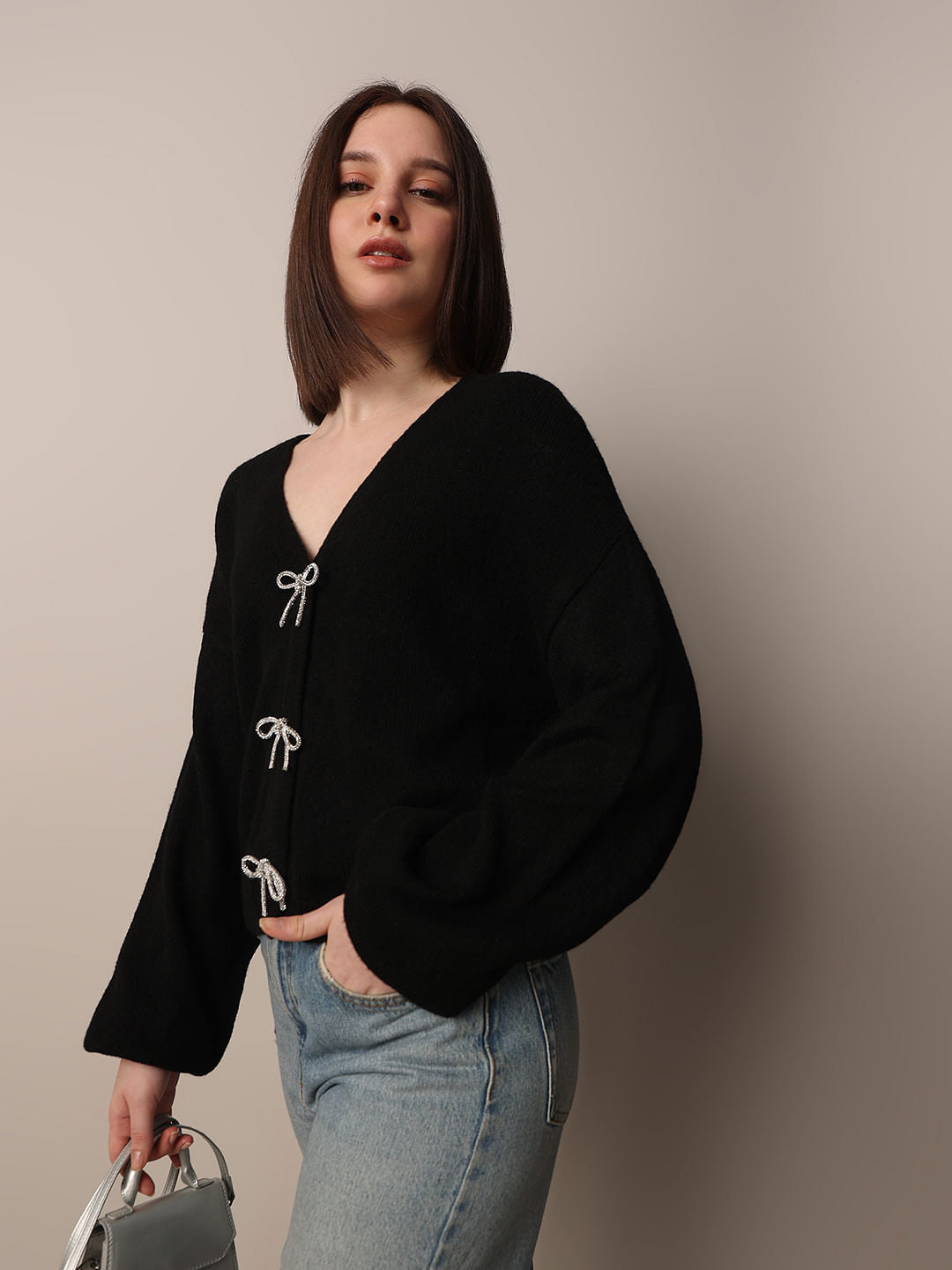 Black Embellished Bow Detail Pullover