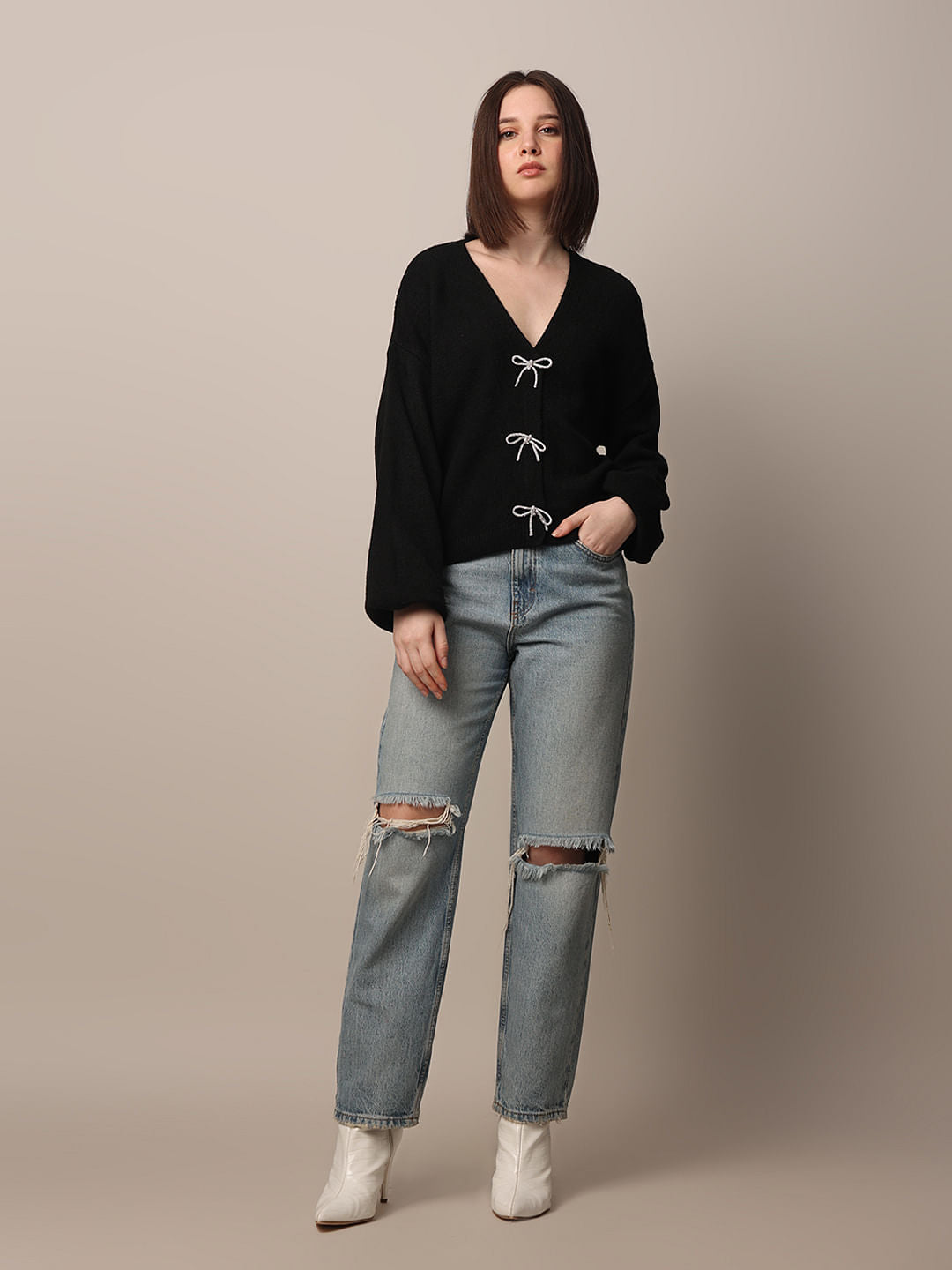 Black Embellished Bow Detail Pullover