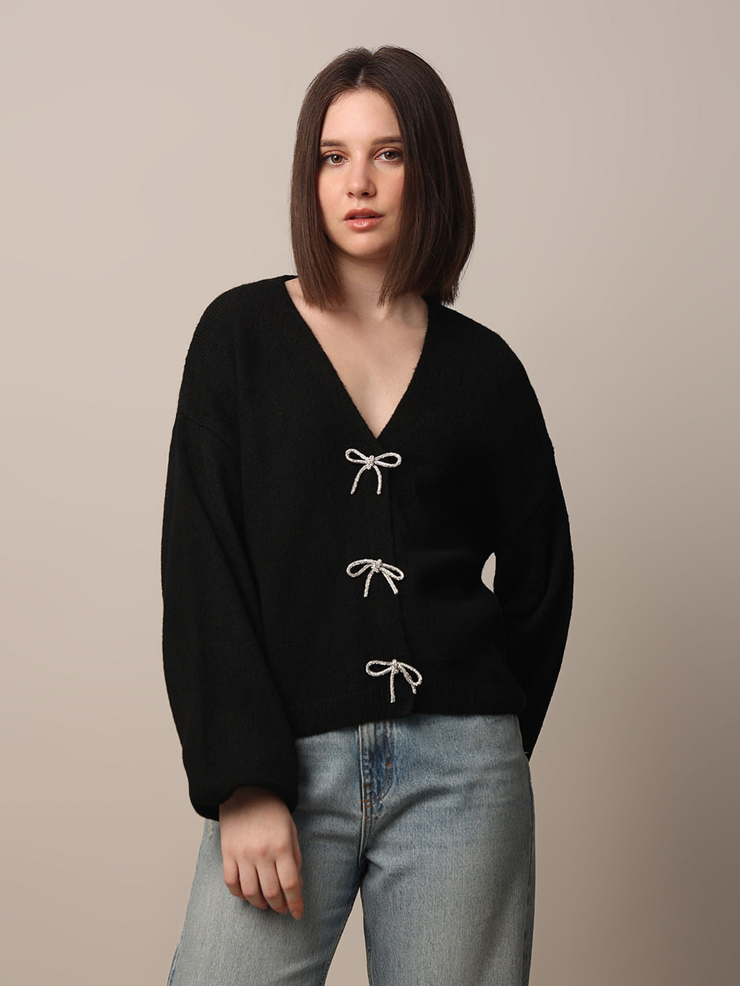 Black Embellished Bow Detail Pullover