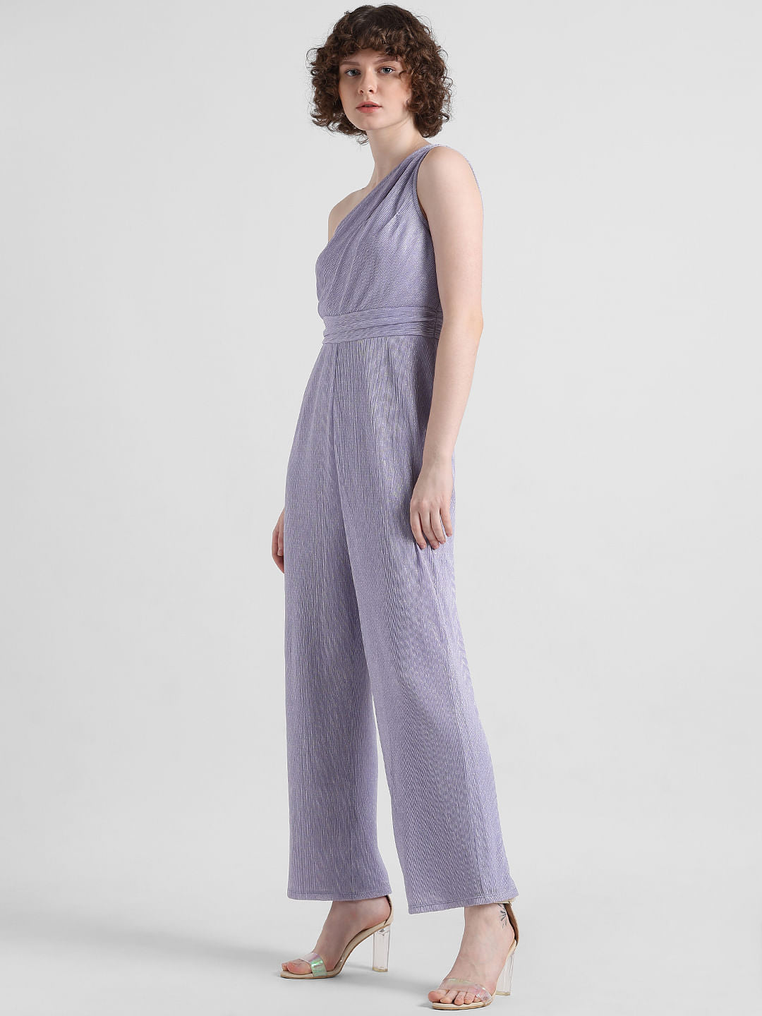 Lavender Plisse One-Shoulder Jumpsuit