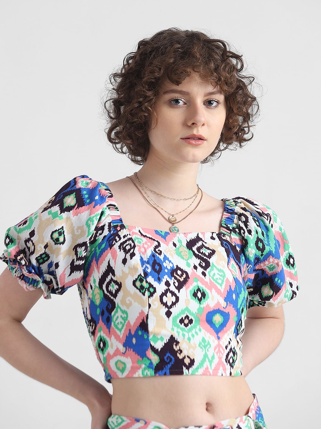 Multi-Coloured Smocked Abstract Print Top