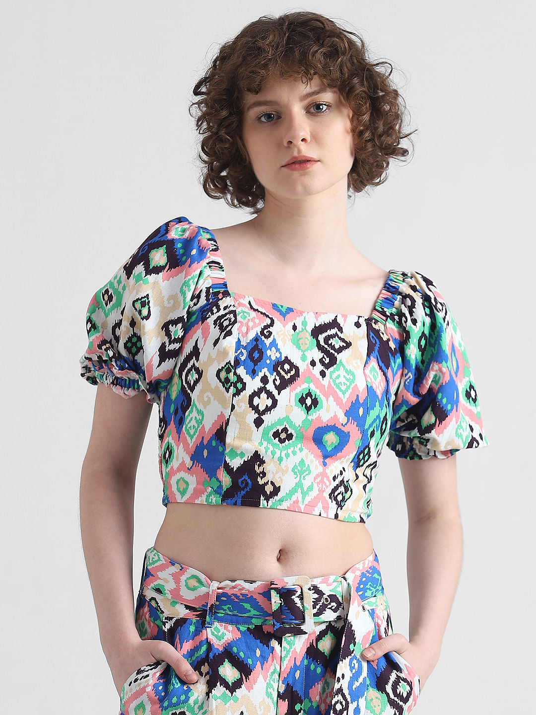 Multi-Coloured Smocked Abstract Print Top