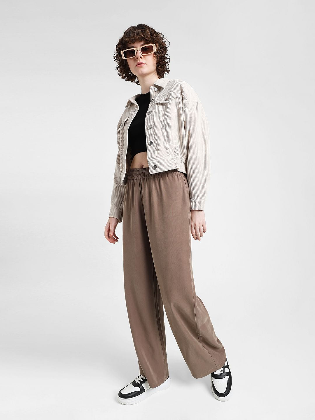 Brown High Rise Wide Leg Twill Pants